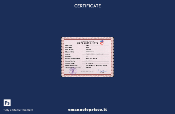 modello PSD del certificato di nascita dello stato civile della Croazia in stile